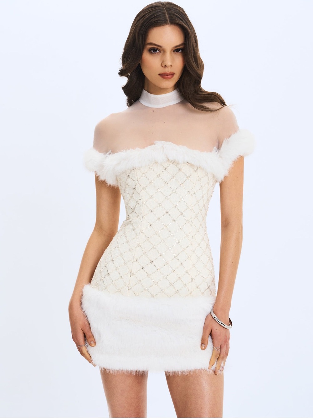 Ivory Faux-Fur Mini Dress